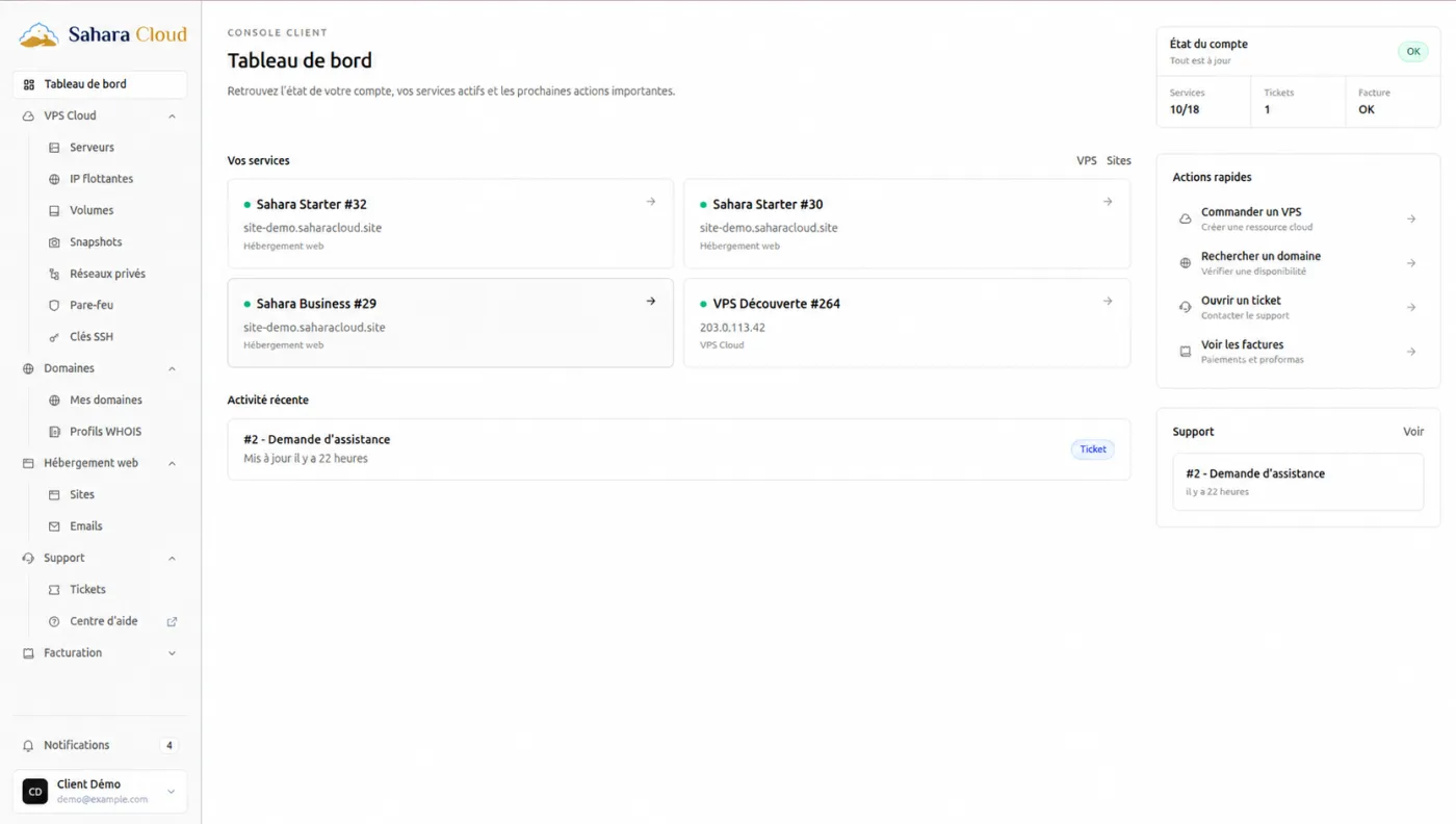 Tableau de bord client SaharaCloud