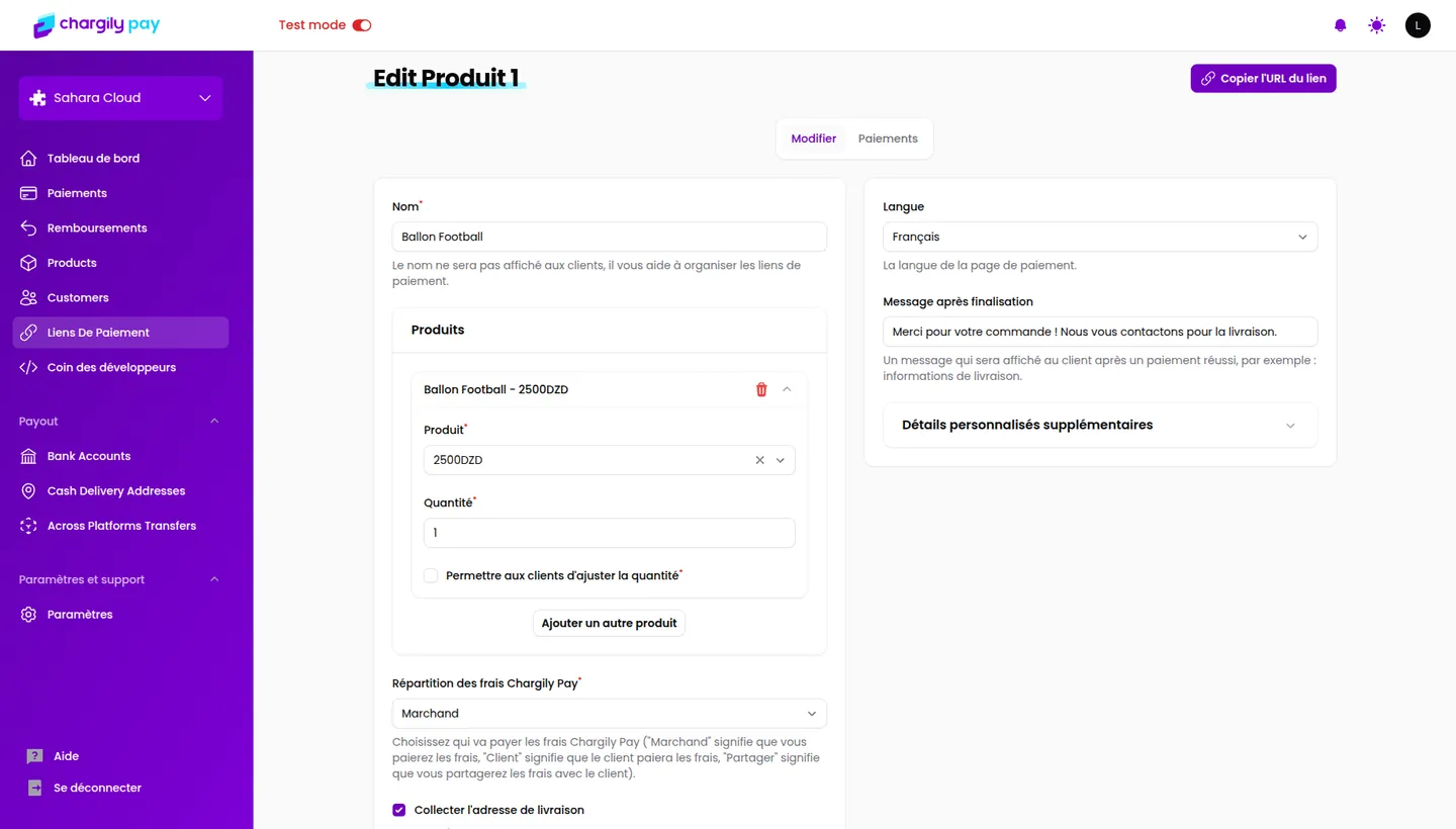 Lien de paiement Chargily Pay : produit, langue, message après paiement et frais