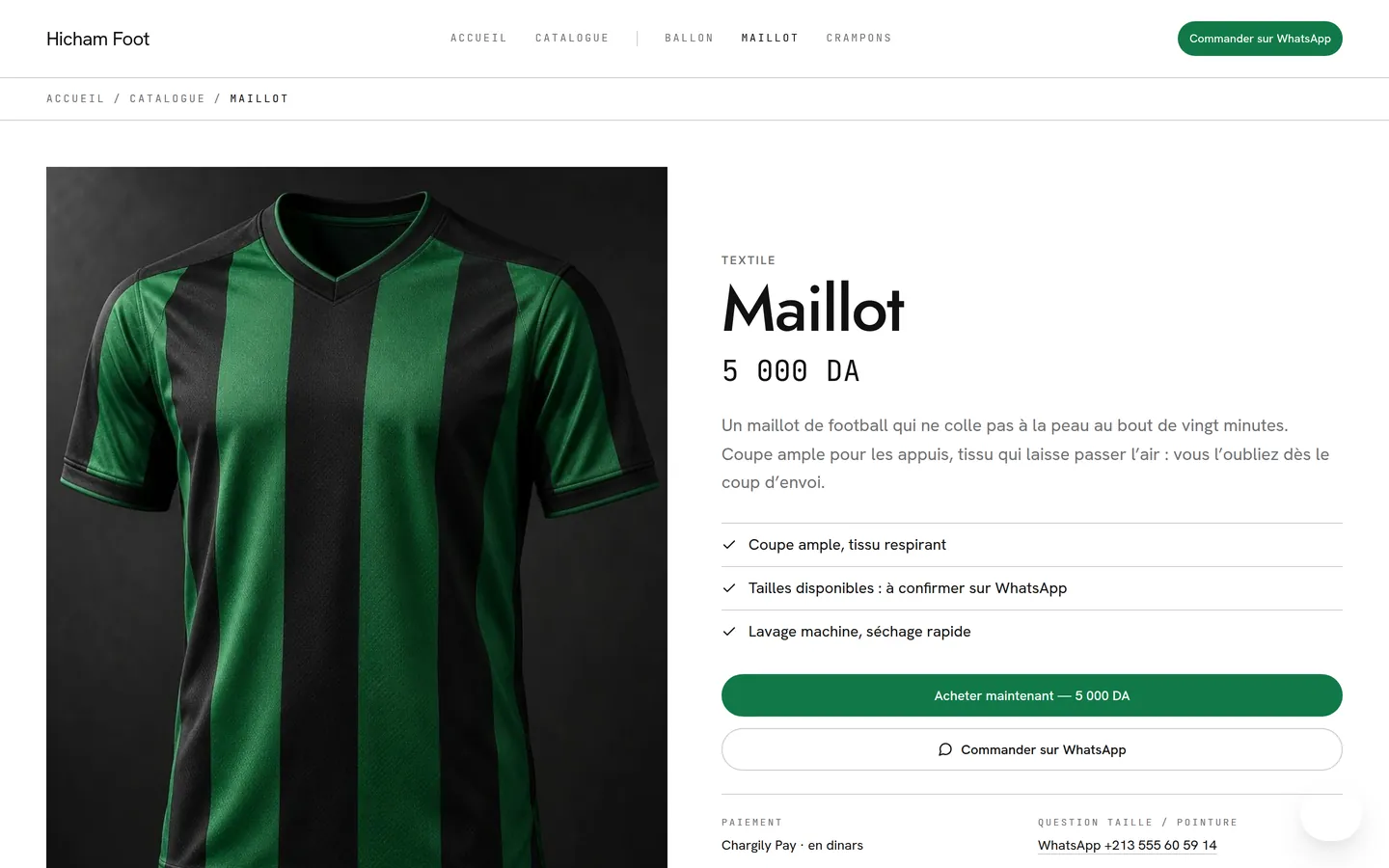 Fiche produit avec le bouton Acheter maintenant relié à Chargily Pay et la commande WhatsApp