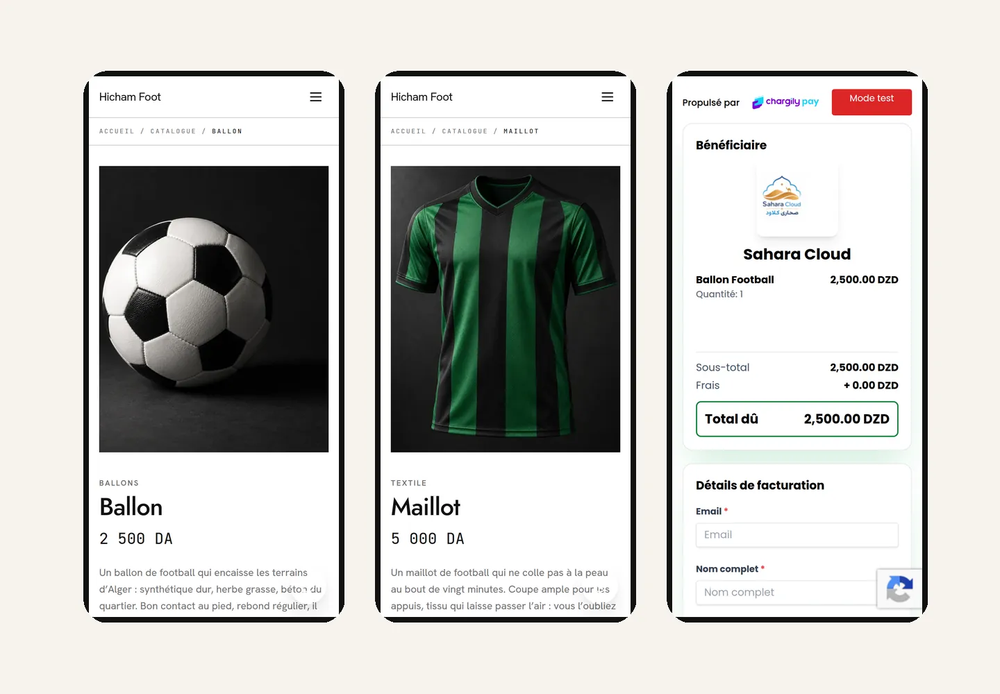 Fiches produits et page de paiement sur téléphone