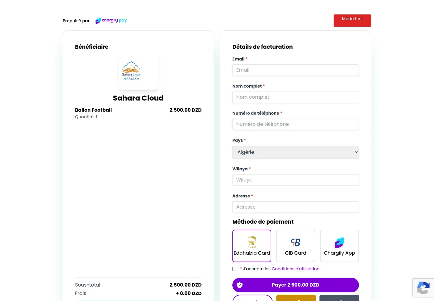 Page de paiement Chargily Pay en mode test : Edahabia, CIB ou application Chargily