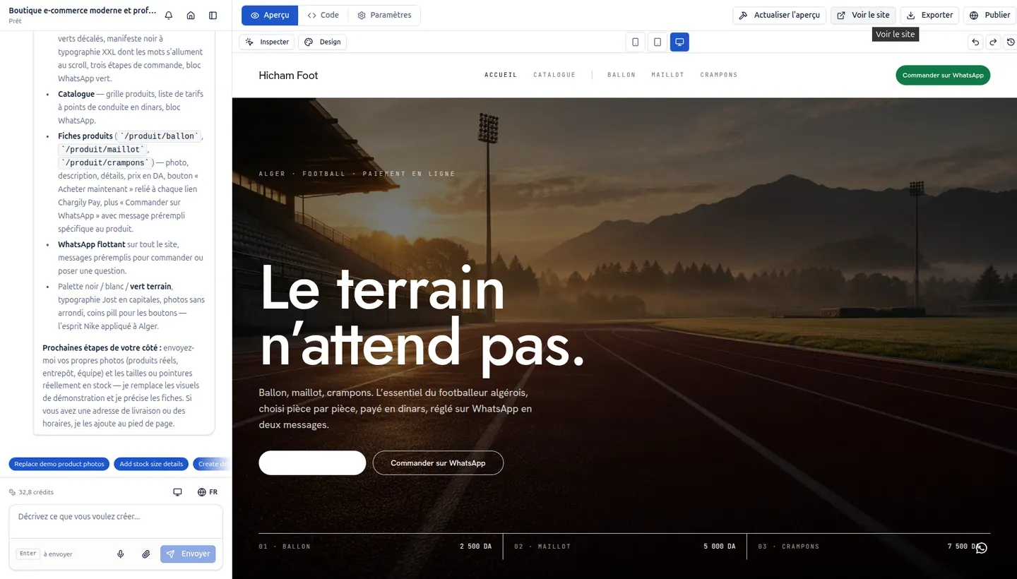 Boutique générée par Sahara AI : conversation à gauche, aperçu à droite