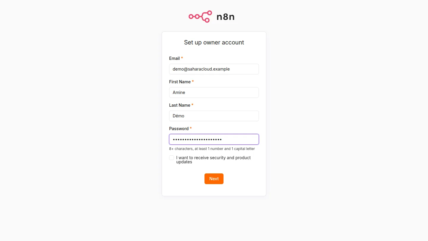 Création du compte propriétaire au premier lancement de n8n