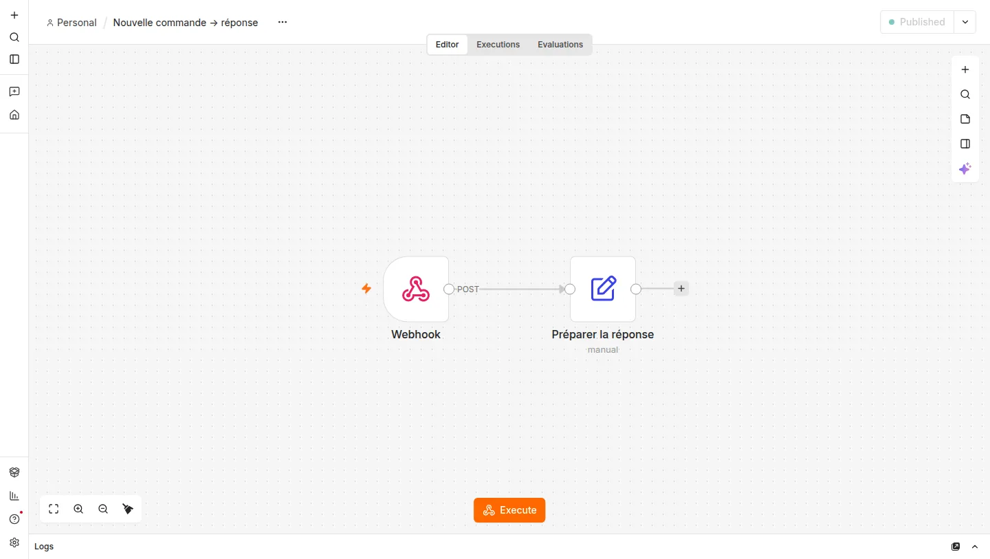 Un workflow publié : webhook puis préparation de la réponse
