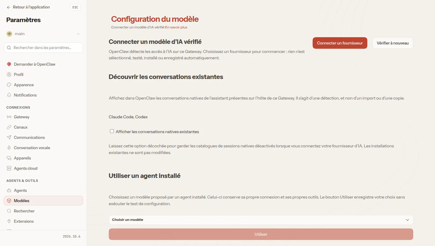 Tableau de bord OpenClaw : connexion du fournisseur d’IA