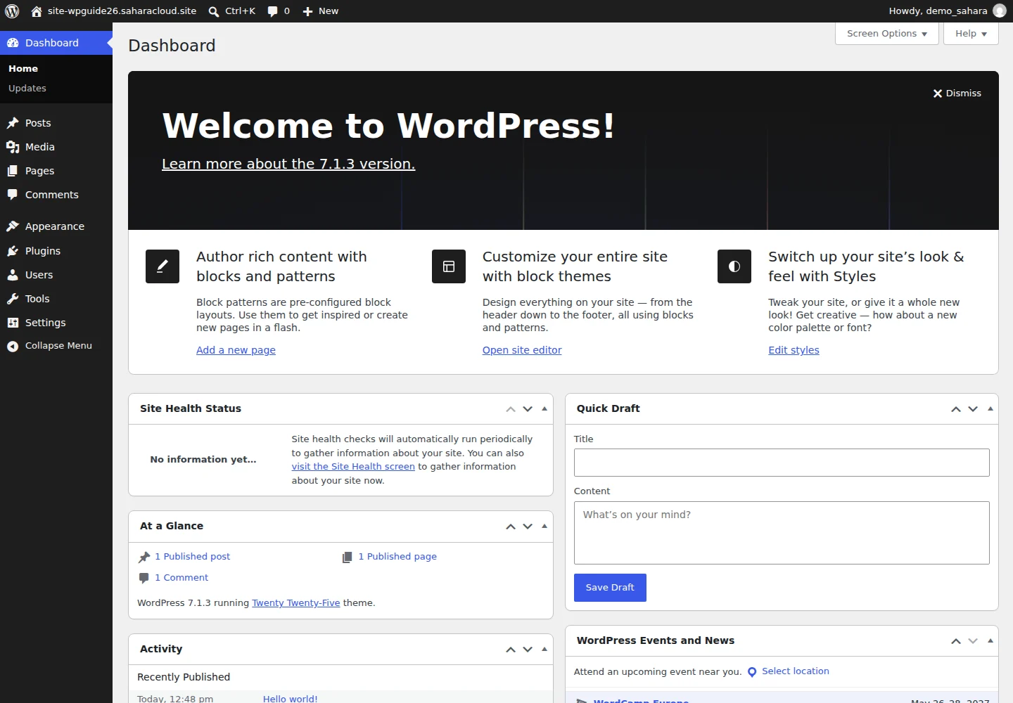 Tableau de bord WordPress après installation et connexion