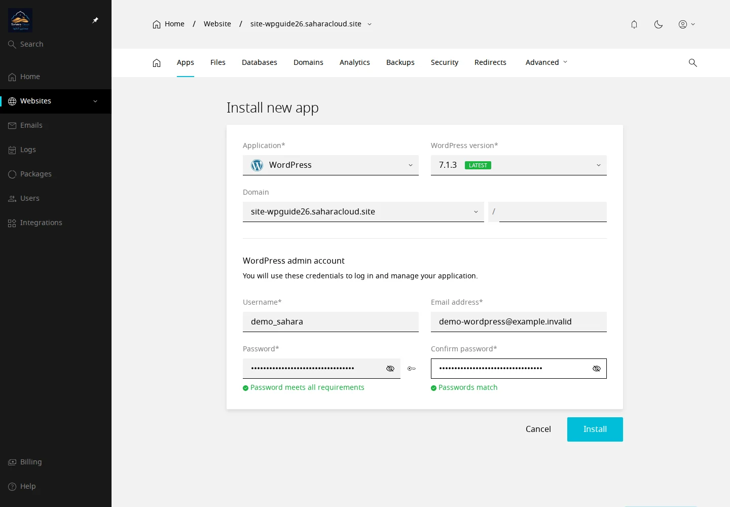 Formulaire d’installation WordPress : domaine et compte administrateur