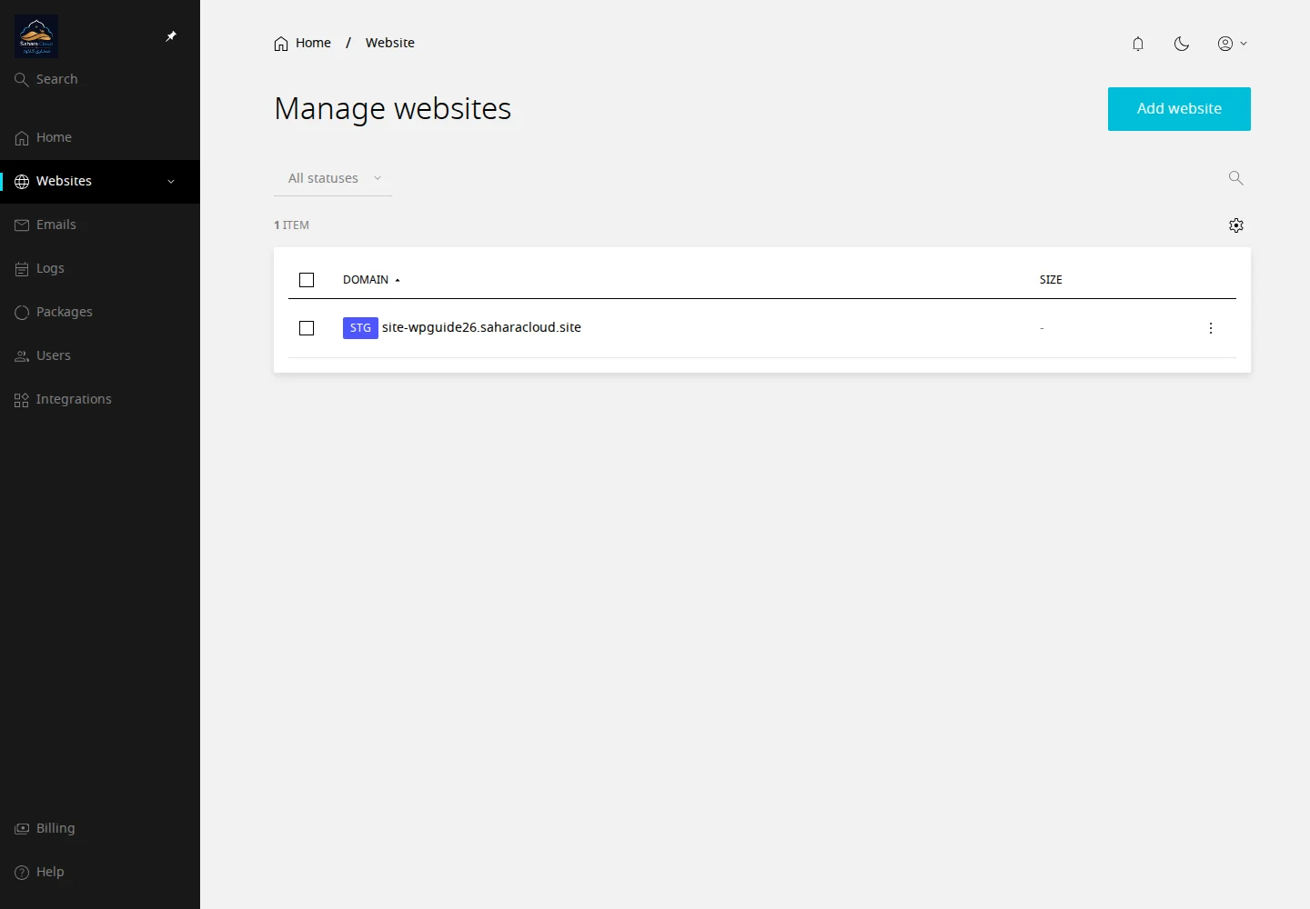 Sélection du site dans Websites