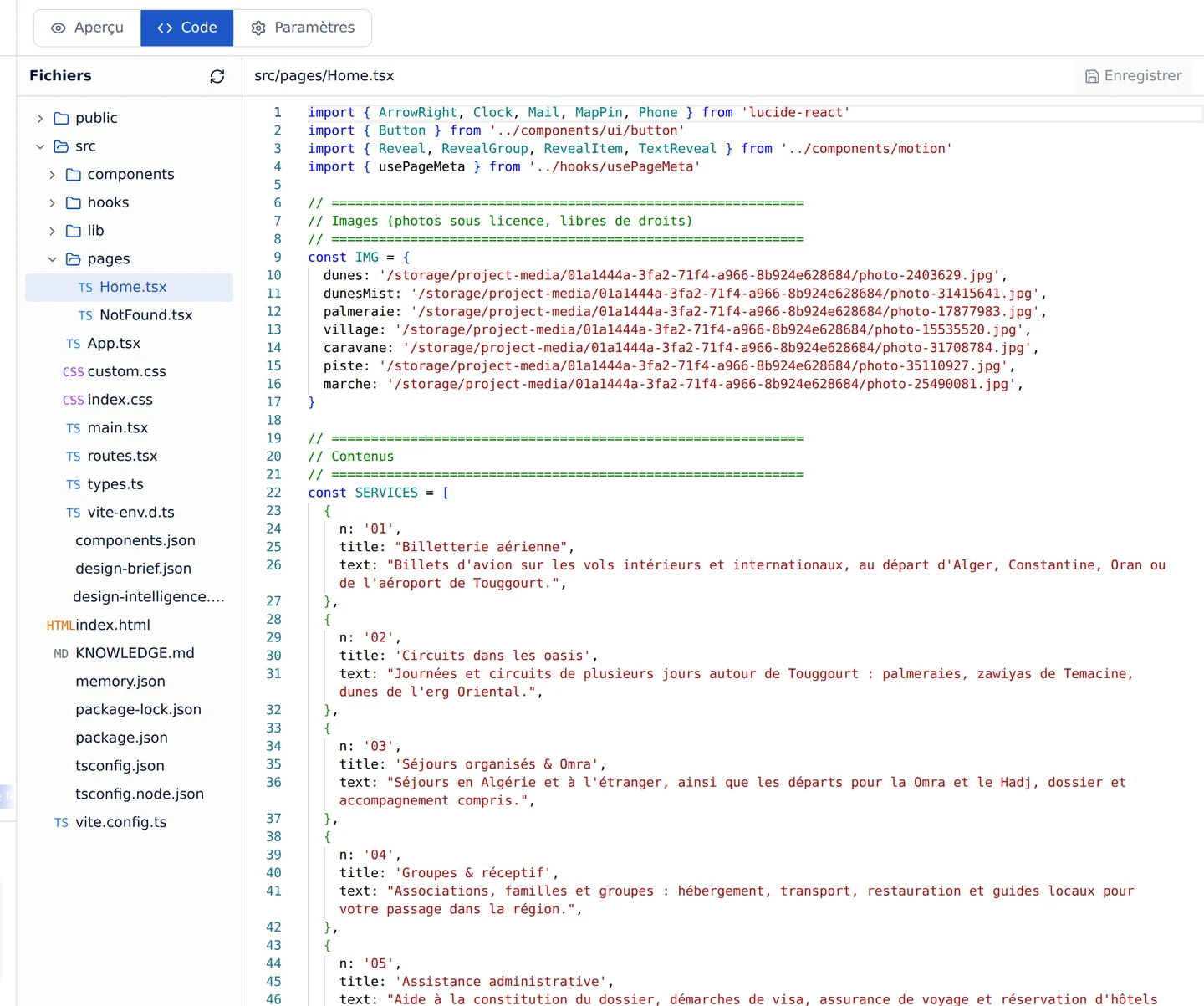 Éditeur de code réel de Sahara AI avec arborescence des fichiers et code source d’un projet de démonstration