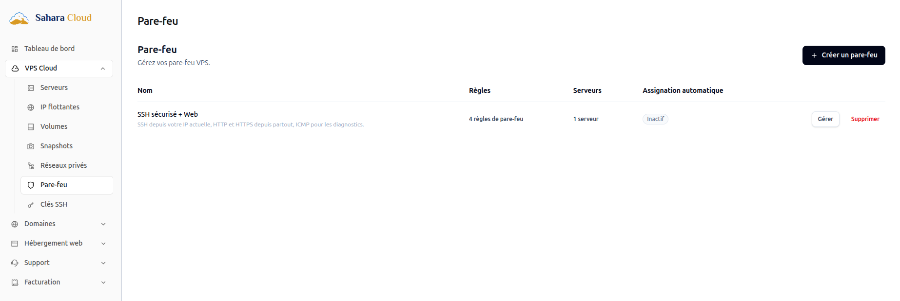 Gestion pare-feu VPS SaharaCloud